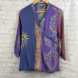 Soft Surroundings Pink & Purple Crossover Long Sleeve Floral Sun Top Small